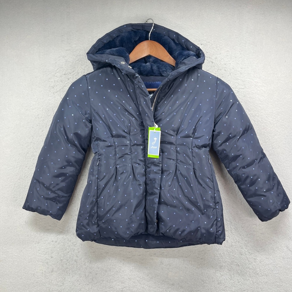 Jacadi Puffer Jacket Girls 6 Navy Polka Dot Faux Fur Hood Winter Coat Warm Chic